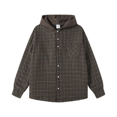 Khaki & Brown Hooded Overshirt Padded Plaid Jacket