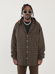 Khaki & Brown Hooded Overshirt Padded Plaid Jacket