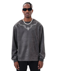 Dark Grey Thorns Embroidered Suede Sweatshirt