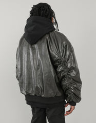 Black Leather Hooded Bomber Jacket