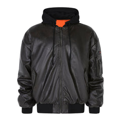 Black Leather Hooded Bomber Jacket