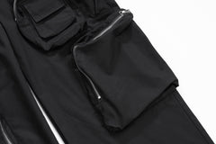 Black Multi Zip & Flap Utility Cargo Stacked Wide Leg Twill Pants