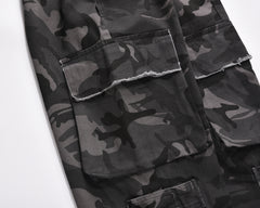 Black Camo Velcro Strap & Zip Cargo Flare Leg Pants