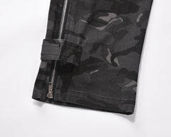 Black Camo Velcro Strap & Zip Cargo Flare Leg Pants