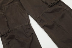 Dark Brown Vintage Wash Zip & Flap Pocket Wide Leg Baggy Twill Pants