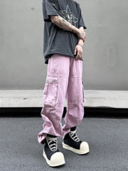 Light Pink Vintage Wash Zip & Flap Pocket Wide Leg Baggy Twill Pants
