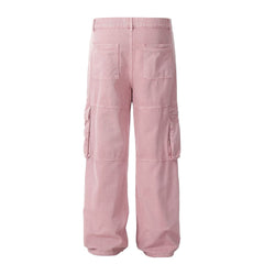 Light Pink Vintage Wash Zip & Flap Pocket Wide Leg Baggy Twill Pants