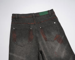 Black & Red Faded Worn In Wash Darted Loose Fit Wide Leg Denim