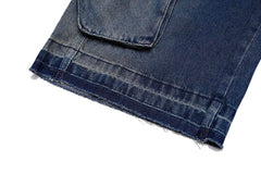 Blue Vintage Wash Drawstring Waist Wide Leg Cargo Denim Shorts