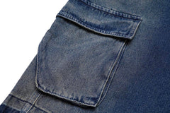 Blue Vintage Wash Drawstring Waist Wide Leg Cargo Denim Shorts