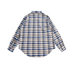 Blue & Beige Ripped Elbow Plaid Flannel Button-Up Shirt
