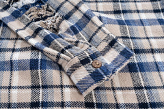 Blue & Beige Ripped Elbow Plaid Flannel Button-Up Shirt