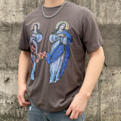 Mother Mary Stained Glass Window Grey Tee