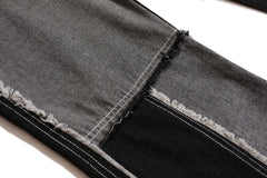Brown, Black & Grey Loose Thread Patch Work Stacked Flare Leg Denim