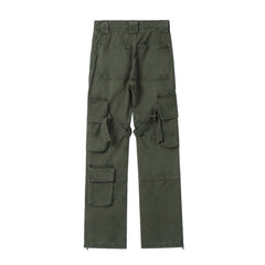 Army Green Large Flap Pocket Zip Flare Leg Pants