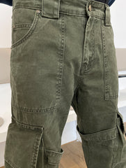 Army Green Large Flap Pocket Zip Flare Leg Pants