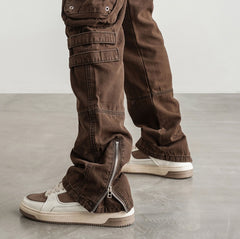 Brown Dual Zip & Snap Cargo Flare Leg Twill Pants