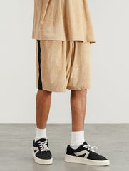 Khaki Contrast Side Stripe Micro-Suede Shorts