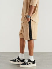 Khaki Contrast Side Stripe Micro-Suede Shorts