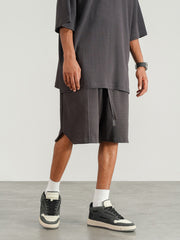 Dark Grey Drawstring Waist Waffle Knit Shorts