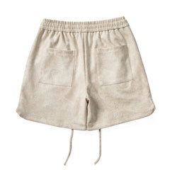 Khaki Paisley Print Micro-Suede Shorts