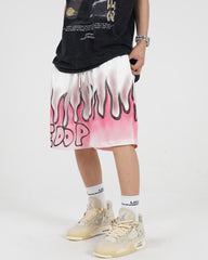White & Pink Flame Printed Basketball Shorts