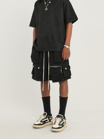 Black 3D Multi Pocket Zip & Snap Cozy Sweatpant Shorts