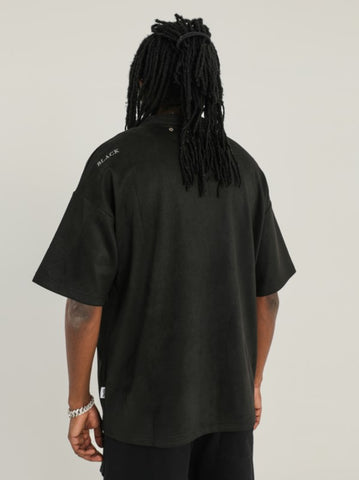 Black Rivet Collar Front Zip Suede Tee