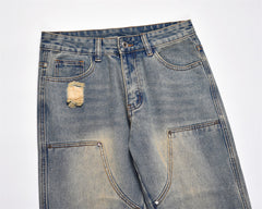 Light Blue Acid Wash Ripped Double-Front Split Hem Flare Leg Denim