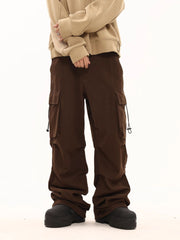 Brown Toggle Drawstring Cargo Stacked Wide Leg Twill Pants