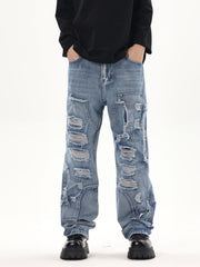 Blue Worn In Wash Double-Front Ripped & Distressed Patchwork Straight Leg Denim