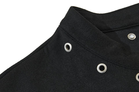 Black Rivet Collar Front Zip Suede Tee