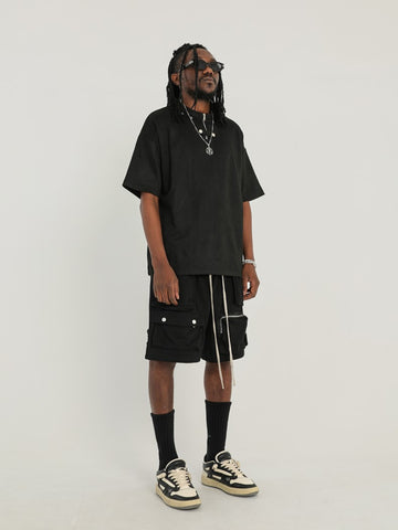 Black 3D Multi Pocket Zip & Snap Cozy Sweatpant Shorts