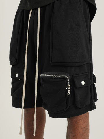 Black 3D Multi Pocket Zip & Snap Cozy Sweatpant Shorts