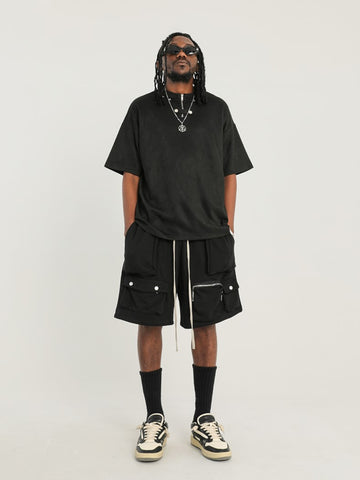 Black 3D Multi Pocket Zip & Snap Cozy Sweatpant Shorts