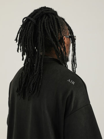 Black Rivet Collar Front Zip Suede Tee
