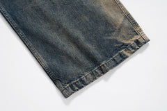 Blue Gradient Wash Drawstring Waist Front Zip Wide Leg Denim