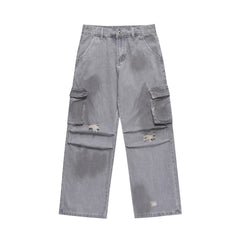 Light Grey Stain Wash Distressed Cargo Stacked Wide Leg Denim