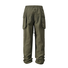 Green Drawstring Front Zip Large Patch Pocket Parachute Pants