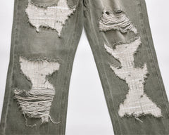 Grey Worn In Wash Rip & Repair Raw Stitch Loose Fit Straight Leg Denim