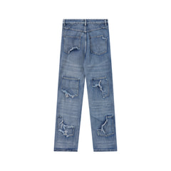 Blue Worn In Wash Double-Front Ripped & Distressed Patchwork Straight Leg Denim