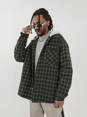 Green & Grey Hooded Overshirt Padded Plaid Jacket