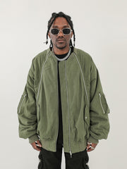 Army Green Oversized Multi-Zip Panel Canvas Bomber Jacket