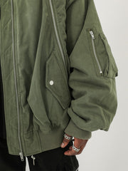 Army Green Oversized Multi-Zip Panel Canvas Bomber Jacket