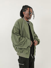 Army Green Oversized Multi-Zip Panel Canvas Bomber Jacket