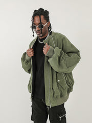 Army Green Oversized Multi-Zip Panel Canvas Bomber Jacket