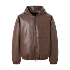 Brown Two-Way Hooded Leather Blouson Jacket