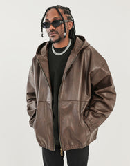 Brown Two-Way Hooded Leather Blouson Jacket