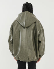Green Two-Way Hooded Leather Blouson Jacket