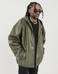 Green Two-Way Hooded Leather Blouson Jacket